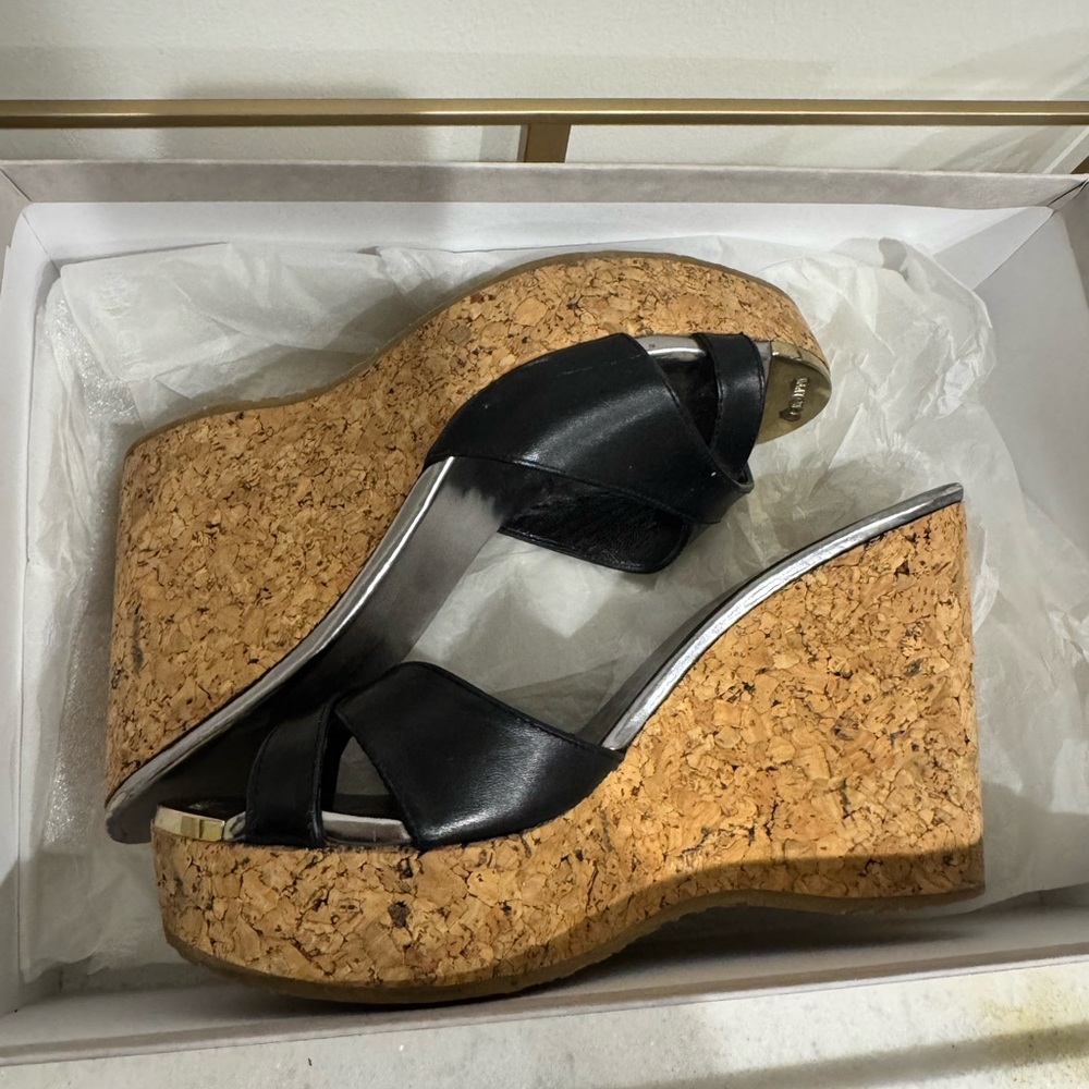 Jimmy Choo Black Cork Wedge Sandals size 6.5 Originally 795.00